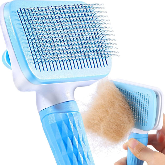 Cepillo para mascotas, cepillo para gatos, cepillos para perros, cepillo para gatos para pelo largo y corto, pelo limpio para mascotas con un botón, azul