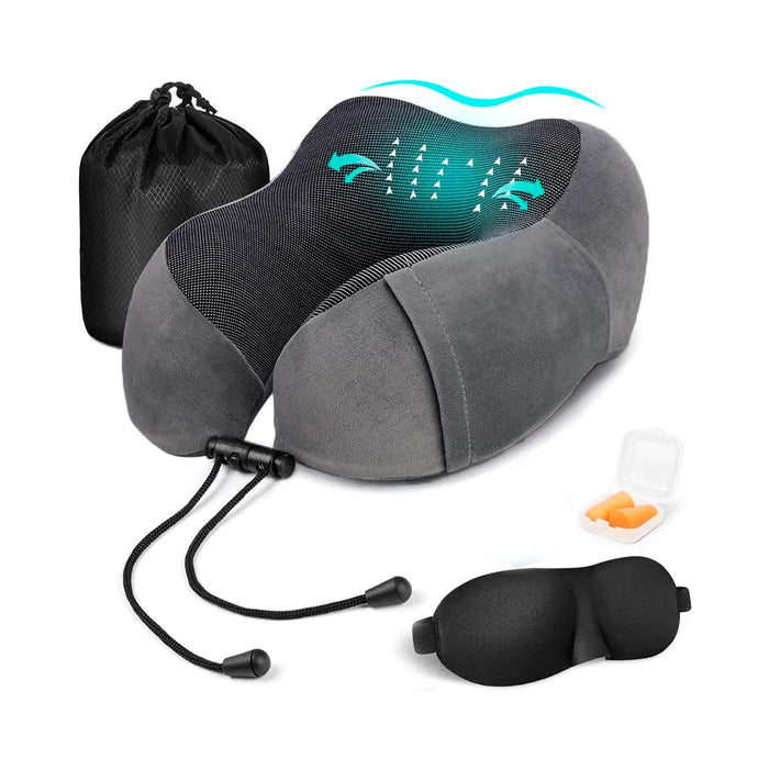Almohada de viaje para cuello, Almohada cervical para oficina avión tren coche Viajando, Almohada cuello viscoelastica de espuma memoria, Cojin de viaje cuello con máscara de ojos, tapones y bolsa