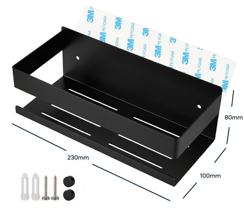 Estantería baño Essential negro barnizado, Estantería ducha autoadhesiva de pared, Estante ducha acero inoxidable sin taladro