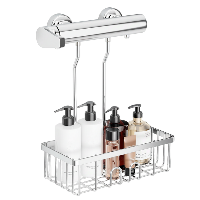 Estanteria baño colgante plata cromado, Estantería de ducha soporte sin agujeros, Cesta de acero inoxidable sin taladro