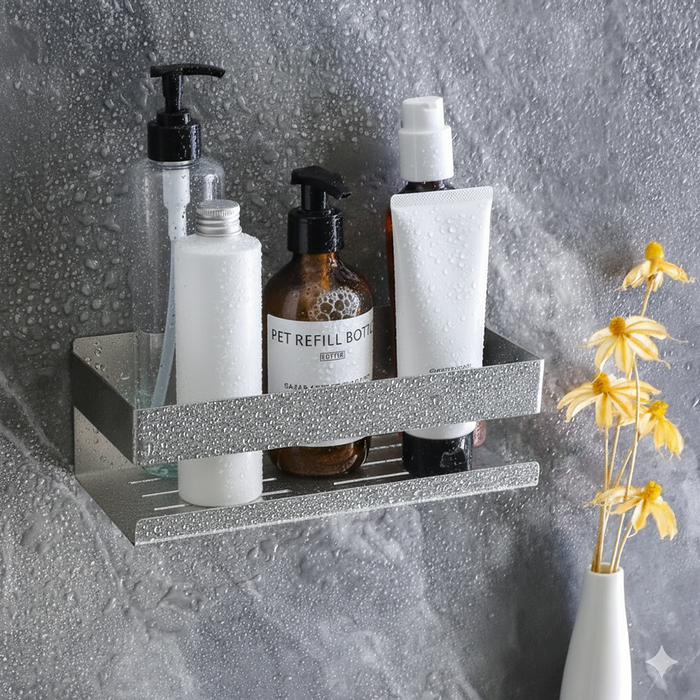 Estantería baño Essential plata cromado cepillado, Estantería ducha autoadhesiva de pared, Estante ducha acero inoxidable sin taladro