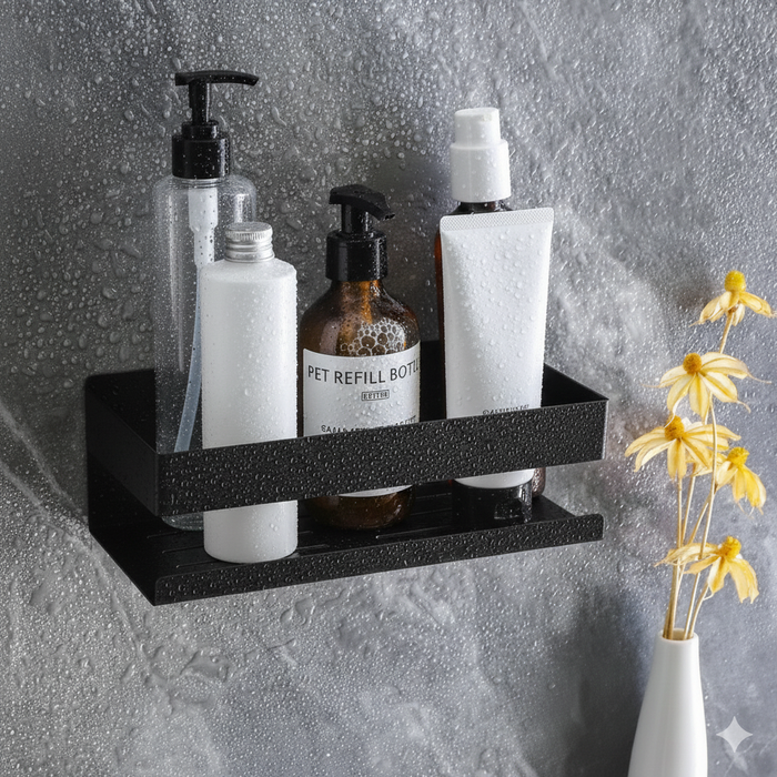 Estantería baño Essential negro barnizado, Estantería ducha autoadhesiva de pared, Estante ducha acero inoxidable sin taladro